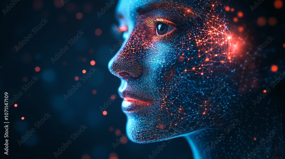 Poster a woman's face is rendered in a futuristic style, with glowing lines of code forming a mesh over her