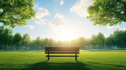 Fototapeta premium Serene park bench in a picturesque grassy field, tranquil escape amidst nature's beauty.