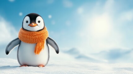 Adorable penguin in a scarf braves the snowy winter wonderland