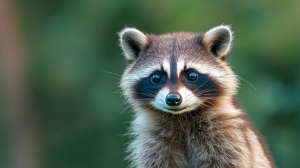 Fototapeta premium A cute, brown raccoon cub sits on a green background, looking directly at the camera