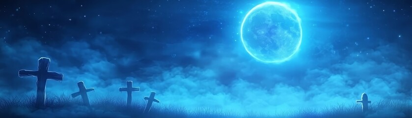 Obraz premium Ethereal moonlight cemetery scene with a glowing orb in the night sky