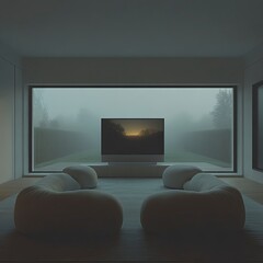 a cozy livingroom in a neo classical modern Villa. A view soft cloudshaped couches in a light grey colourway are standing in a U formation in front of a flatscreen television. generative ai