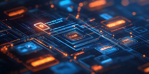 Obraz premium Abstract digital circuit board with glowing orange and blue lines and a chip in the center.