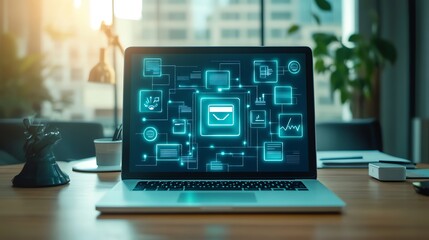 Laptop with glowing blue icons depicting network communication, email, and data management on a desk in an office setting.