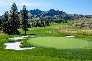 Green golf course with rolling fairways, surrounded by trees and distant mountains under blue skies