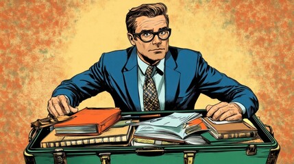 A man is bending down to pick up things in his open suitcase busy gesture, which is full of books and work report papers bright color art life art