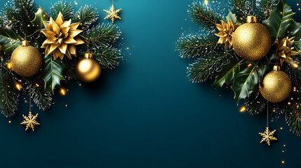 A festive arrangement of golden ornaments, stars, and greenery against a teal background, perfect for holiday celebrations.