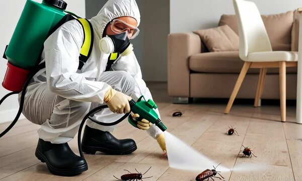 Pest control exterminator killing cockroaches inside house. Man in white protective suit, mask and gas respirator spraying insecticide from sprayer bottle over roaches crawling on floor at home