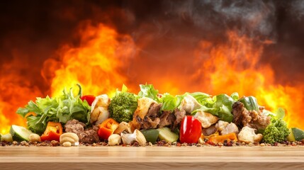 Vibrant flames engulfing a delicious pile of grilling vegetables and meat during barbecue feast.