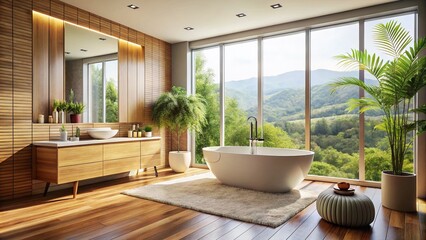 Serene Modern Bathroom Featuring a Freestanding Tub, Expansive Window, and Elegant Wooden Vanity for a Luxurious Home Spa Experience