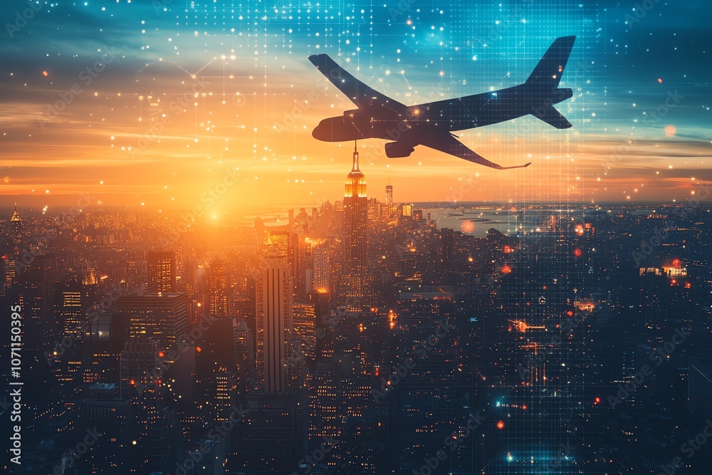 Poster an airplane soars over a city skyline at sunset, with a digital overlay of connected data points.