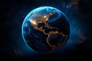 Fototapeta premium Portrait of Earth in the night, with city lights illuminating the continents and deep space in the background
