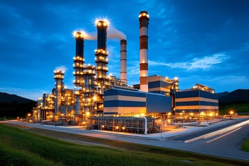 Power plant at dusk with its lights on, creating a glowing contrast against the evening sky