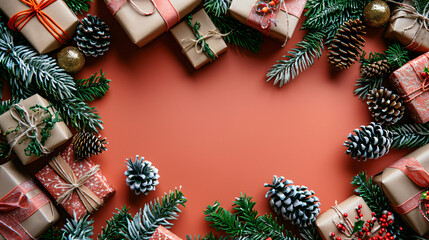 A festive arrangement of wrapped gifts surrounded by greenery and pinecones on a warm-colored background, perfect for the holiday season.