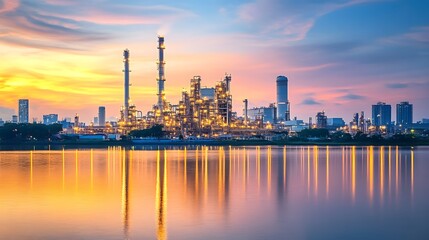 A city skyline is reflected in a body of water. The sky is orange and the water is calm