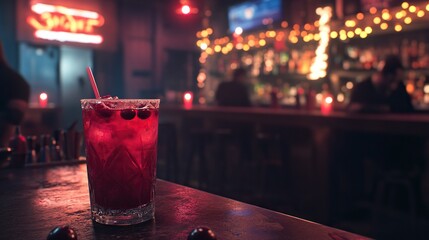 A dive bar wiith people having a holiday party with red drinks in hand. There is a festive red cranberry drink in the foreground. generative ai