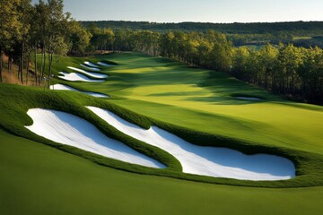 Retro golf course design with faded colors and a 1950s look, complete with vintage clubs