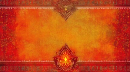 Fototapeta premium Classic Diwali card with glowing diya and festive borders on a vibrant orange and red background