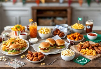 Table laid with burgers, chicken wings, french fries, popcorn and nachos for football fans watching game