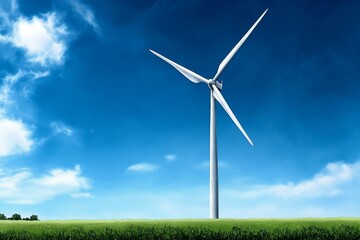 Watercolor painting of a wind turbine in a soft green field, with a gentle blue sky background