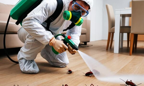 Pest control exterminator killing cockroaches inside house. Man in white protective suit, mask and gas respirator spraying insecticide from sprayer bottle over roaches crawling on floor at home