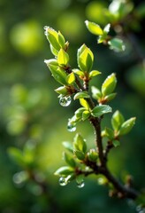 Fototapeta premium Fresh green leaves holding drops of dew in spring sunlight