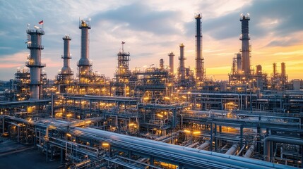 Fototapeta premium Illuminated Industrial Refinery at Dusk with Dramatic Sky and Complex Network of Pipes and Towers