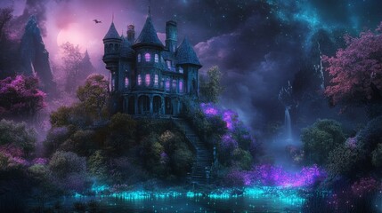 Obraz premium Surreal Mansion with Floating Rooms and Bioluminescent Lights