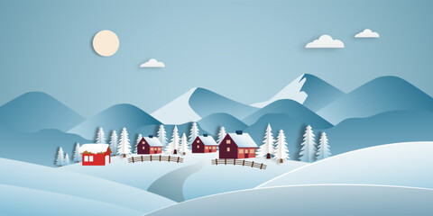 Snowy mountain winter landscape scenery paper cut style.	