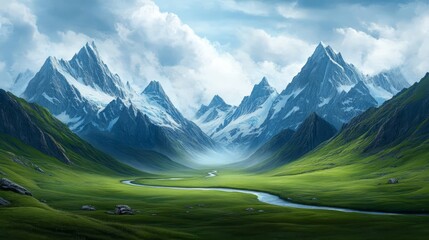 Breathtaking mountain vista, serene river flowing through a majestic valley