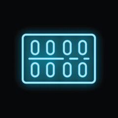 Brightly glowing blue neon sign representing a blister pack of pills, vitamins, or other medication
