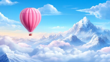 Fototapeta premium A pink hot air balloon adventure, soaring over majestic mountain peaks
