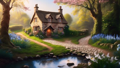 Stone cottage beautiful and cozy English Countryside fantasy Stone cottage in a spring forest aside a cobblestone  path and a babbling brook