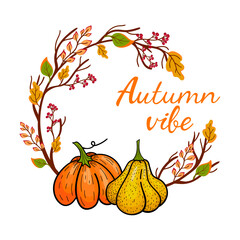 Bright autumn design with hand drawn yellow and orange pumpkins, branches, leaves and lettering on white background. Autumn vibe handwritten inscription. 