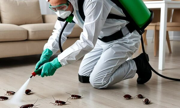 Pest control exterminator killing cockroaches inside house. Man in white protective suit, mask and gas respirator spraying insecticide from sprayer bottle over roaches crawling on floor at home