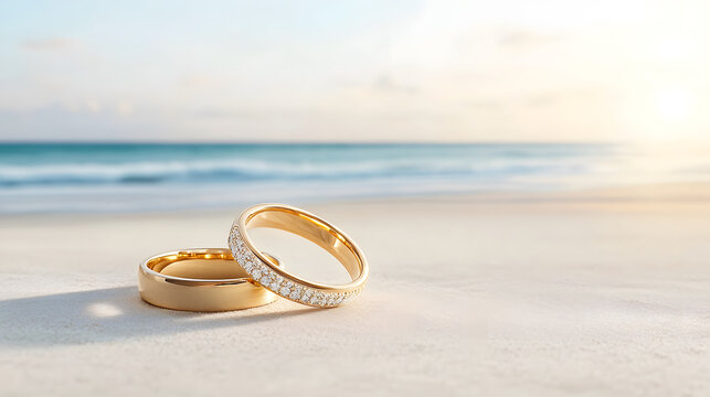 Two golden rings on sandy beach with ocean view, symbolizing love
