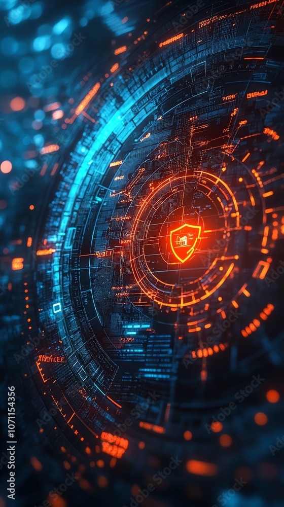Poster abstract digital shield design with red and blue light effects.