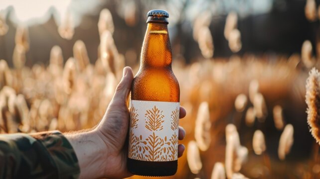A closeup of a persons hand holding a bottle of nonalcoholic beer with a label featuring a creative and unique design.