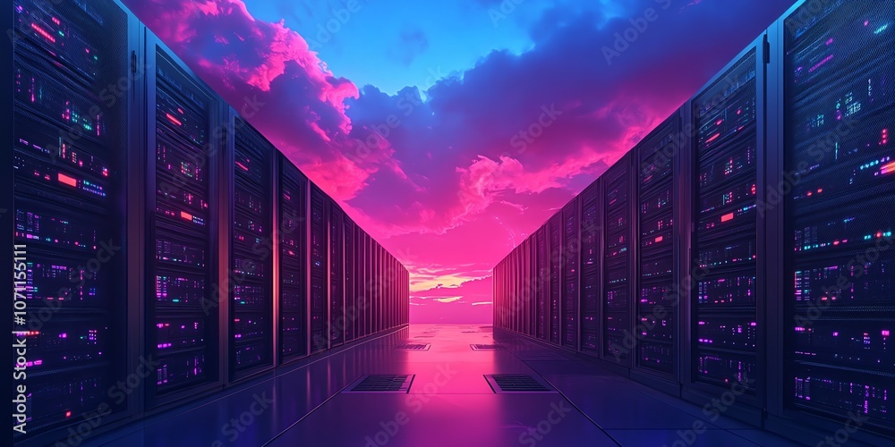 Poster rows of glowing servers in a futuristic data center with a neon pink and blue sky above.