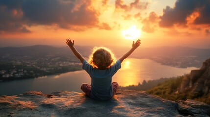 A child sits on the edge of a cliff with his hands raised in joy, overlooking a body of water and a lake at sunrise, a cinematic dramatic sky. The scene is taken from behind