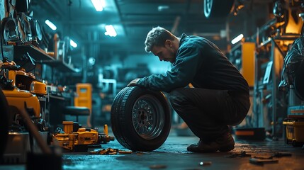 Mechanic inspects tire for optimal performance