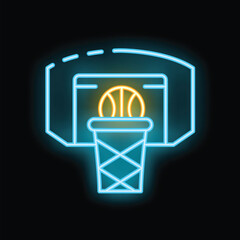Blue and orange neon sign depicting a basketball falling through the hoop on a black background © ylivdesign
