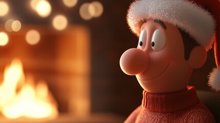 Cheerful man in a christmas hat smiles by the fireplace, immersed in the cozy holiday atmosphere. The room glows warmly, perfect for celebrating with loved ones