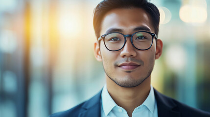 Confident young asian businessman in modern office, smiling warmly. Sharp suit, stylish glasses, exuding success and ambition. Positive, approachable, trustworthy figure in workplace