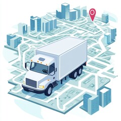 Cartoon Truck Navigating Urban Map in 2D Illustration