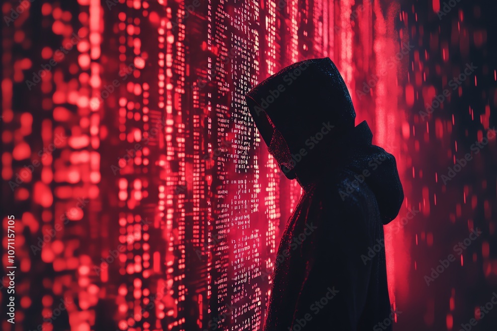 Aufkleber A hooded figure stands before a wall of glowing red binary code, their identity hidden in the shadows, creating a sense of mystery and intrigue.