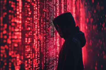 A hooded figure stands before a wall of glowing red binary code, their identity hidden in the shadows, creating a sense of mystery and intrigue.