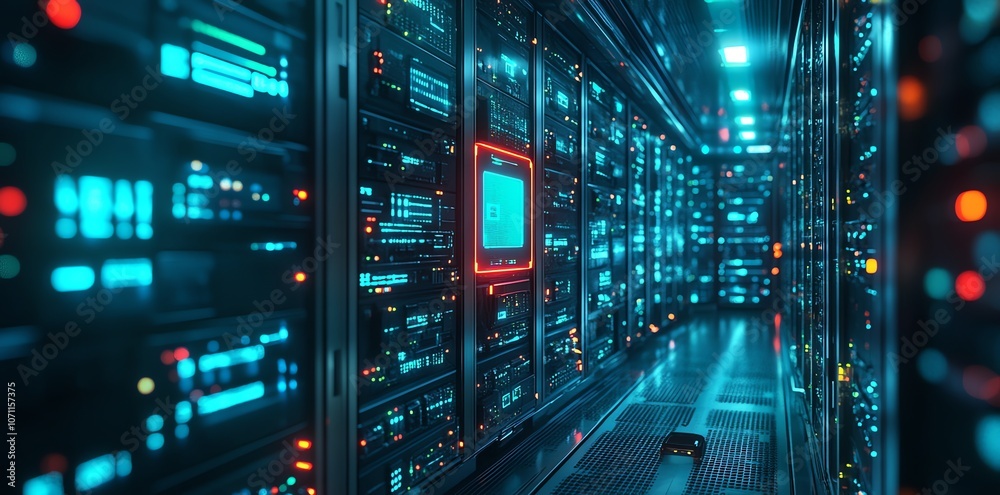 Poster a long corridor lined with server racks, glowing with blue and red lights, in a modern data center.