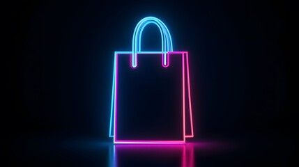 Neon Glow Shopping Bag Icon on Black Background