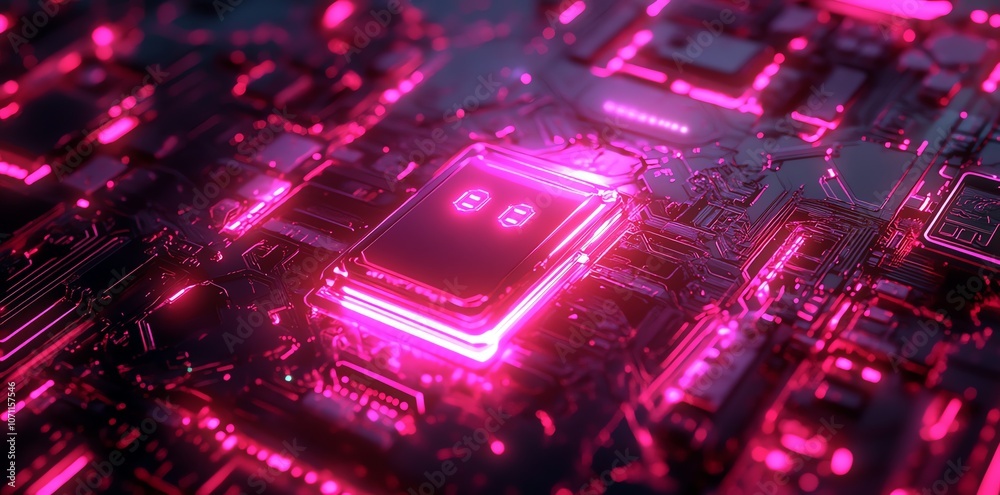 Poster a close-up of a glowing pink cpu chip on a circuit board.
